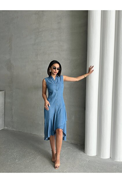 Gömlek Yaka Düğmeli Fır Fır Detaylı Yazlık Denim Elbise MİSS933