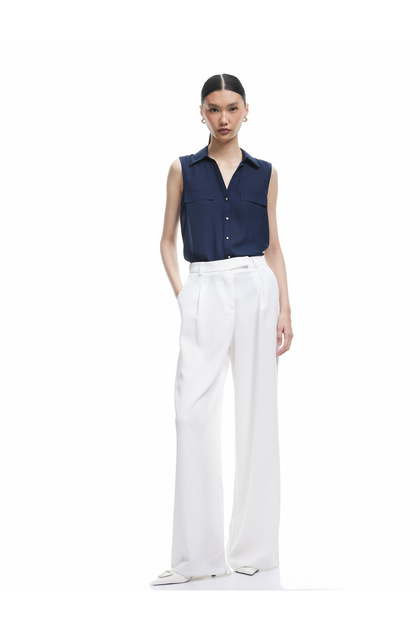 Buttoned Applique Detailed Classic Collar Sleeveless Linen Blended Shirt