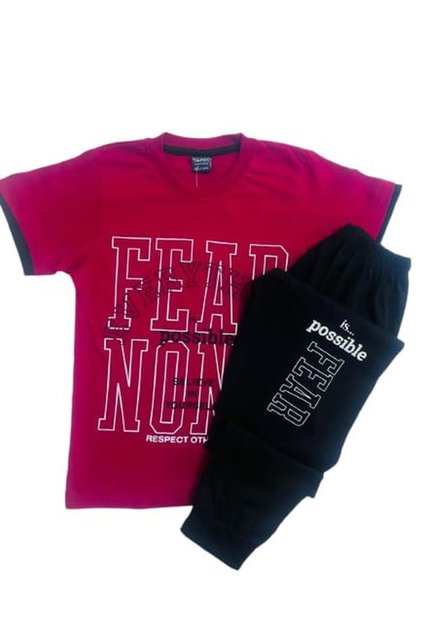 Boy's 100% Cotton Claret Red Fear None Printed Short Sleeve Pajama Set