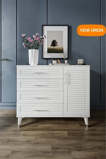 Panjurlu 4 Çekmeceli 1 Kapaklı Şifonyer Modern Tasarım, MDF Kapak, Beyaz Gümüş