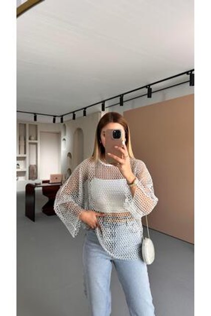 Beyaz Oversize Simli File Bluz