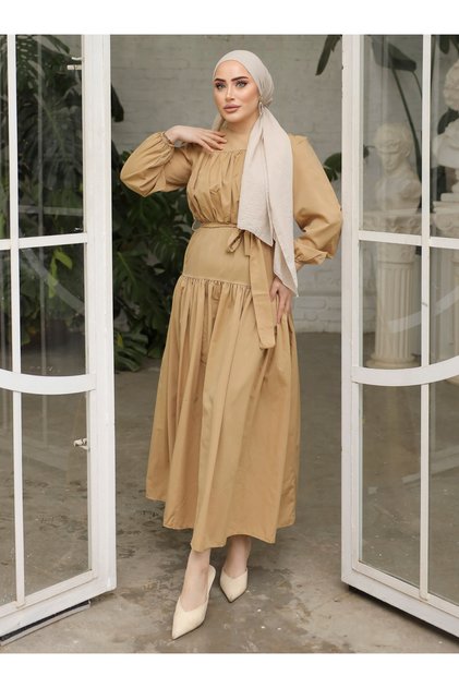 Elastic Waist Gathered Front Belted Dress - Biscuit - Sahra Butique