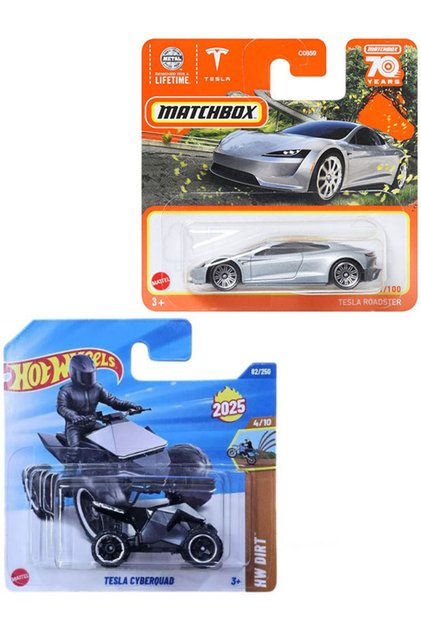 2 Araç Tesla Set - Hot Wheels Tesla Cyberquad & Matchbox Tesla Roadster (1/64)