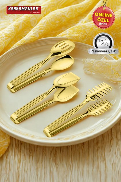 Demre 3-Piece Gold Steel Grilled Salad Crepe Tongs Set