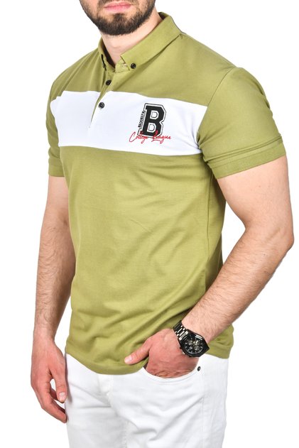 Men's Green Slim Fit Breathable Cotton Fabric Slim Fit No Curling Collar Polo Neck T-Shirt 2503019
