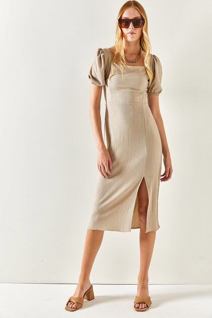 Women's Stone Slit Backless Midi Dress ELB-19001934