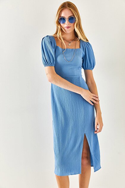Olalook Women's Baby Blue Slit Backless Midi Dress ELB-19001934- Trendyol Olalook Women's Baby Blue Slit Backless Midi Dress ELB-19001934- Trendyol