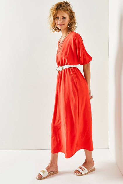 Women's Coral V-Neck Elastic Waist Bat Loose Dress ELB-19001946