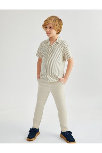 Linen Blended Basic Trousers with Lace-Up Waist