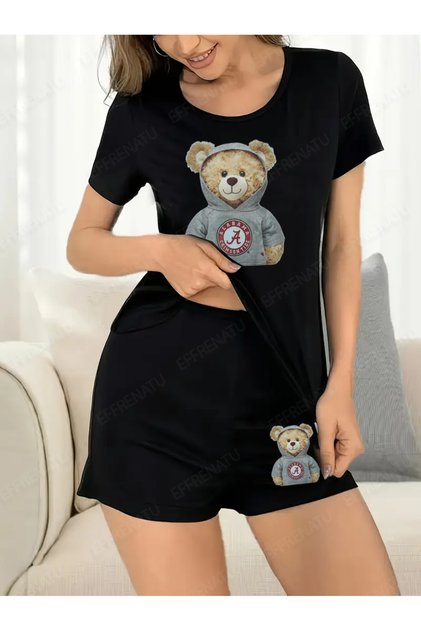 Disponibil în mărimi mari Set de tricou și pantaloni scurți alb-negru cu imprimeu de urs