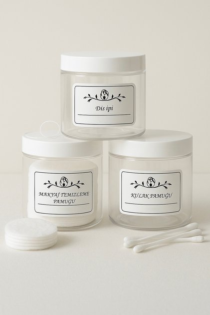 Transparent Glass Look Plastic 3-Piece Mica Jar Set with White Lid, Dental Floss-Ear Cotton-Makeup Removal.