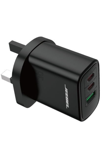| شاحن حائط 65 وات ثنائي USB-C PD + USB QC3.0 أسود بثلاثة منافذ شحن سريع