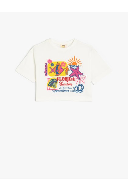 Crew Neck Summer Themed Print Detailed Short Sleeve Cotton T-Shirt
