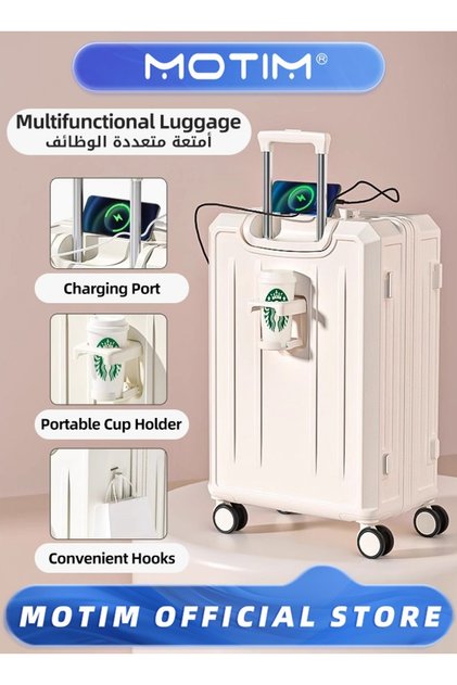 Travel Luggage with USB and Type-C Port & Cup Holder & Phone Holder Side Hidden Hook 20 inch