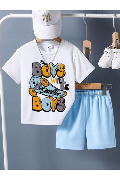 Kids Boys Printed Blue Shorts White T-Shirt Bottom Ust Set