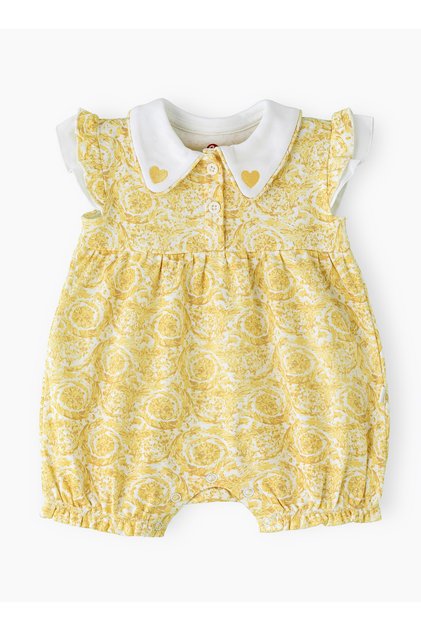 Girls' Sleeveless Printed Romper with Heart Collar Detail