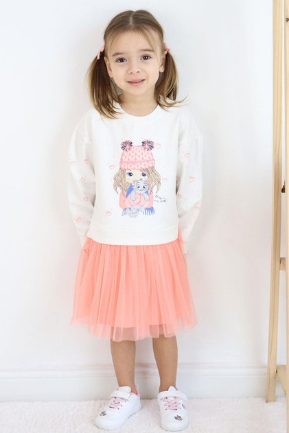 Girl's Long Sleeve Dress with Heart Pattern on the Sleeves, Friend Theme, Ages 2-6, Ecru