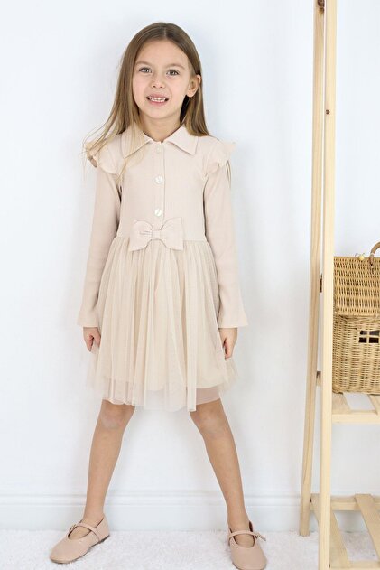 Breeze Beige Girls' Dress - Long Sleeve, Button and Bow, 3-8 Years- Trendyol