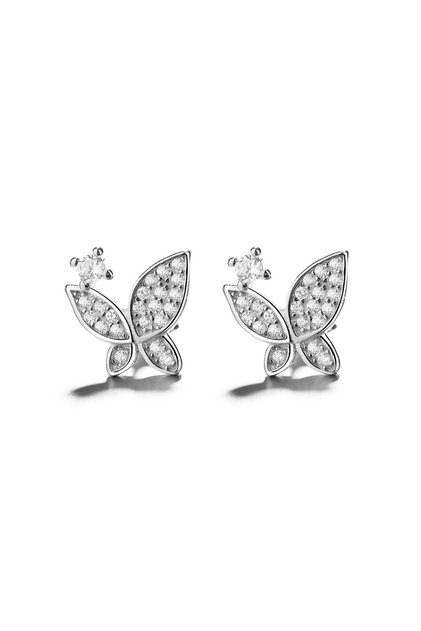 Cercei Stud Fluture Argint 925 Zirconii Albe Pavé Placat Rodiu Damă 1cm JW760