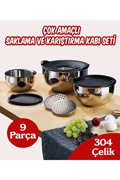 SS 9枚セット Steel & More 9 Parça Çelik Çok Amaçlı Kase Saklama Ve Karıştırma