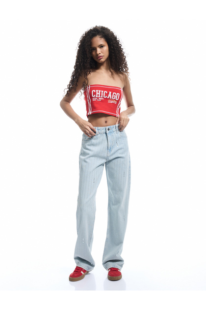 Stone Detailed Straight Leg Buttoned Cotton Jean Trousers - Straight Fit Jean