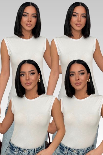 Women's White 4-Pack Crew Neck Cotton Sleeveless Body Zero Sleeve Body Cotton T-Shirt Beige Crew Neck