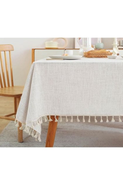 Cream Tasseled 100% Cotton Buldan Handwork Organic Linen Table Cloth