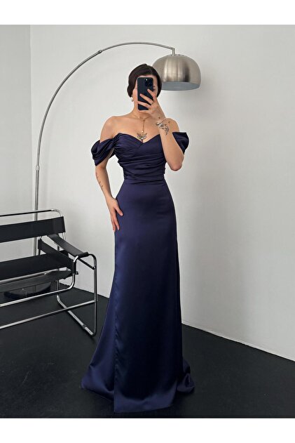 Navy Blue Gathered Low Sleeve Satin Evening Dress