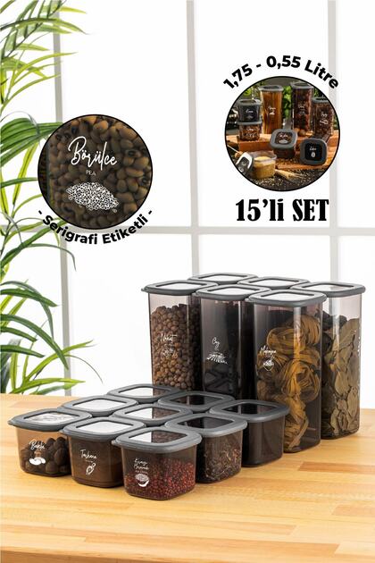 15 Pieces Foy Square Food Storage Container with Screen Printing Label 9x (0,55 Liters) 6x (1.75 Liters) Anthracite