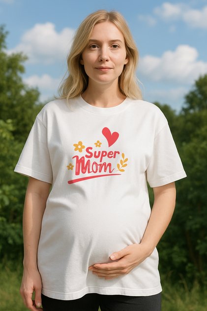 Hamile Tişörtü Kadın Super Mom Baskılı Kısa Kollu Rahat Kesim Beyaz Tshirt 10098