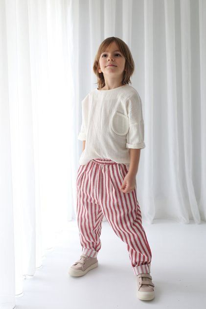 Red and White Striped Linen Carrot Pants + White Muslin Pocket Detailed Shirt