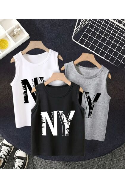 Boy's 3 Pack Zero Sleeve Ny Printed Grey-Black-White