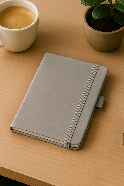 Gray Mini Pocket Size Thermo Leather Hard Cover Notepad with Pen Elastic Portable Notebook Planner