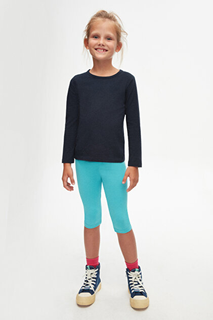 Dark Navy Blue Basic Seasonal Lycra Long Sleeve Girls' T-Shirt