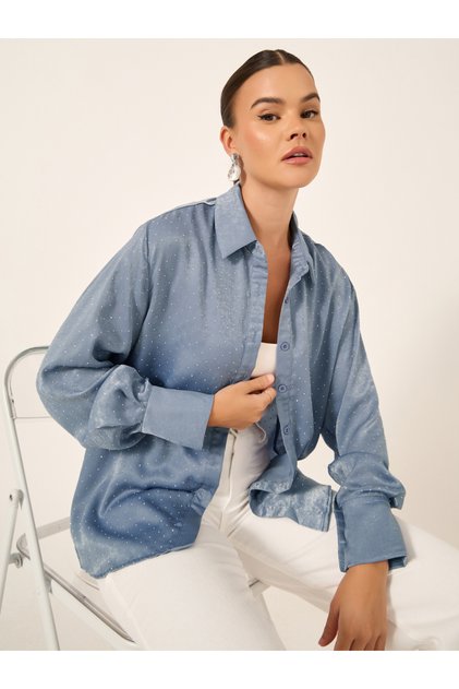 Embellished Collared Long Sleeves Oversized Shirt