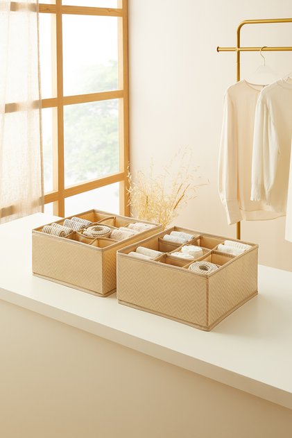 Set of 2 9 Compartments Beige Drawer Inside Cabinet Laundry Organizer Folding Storage Box Organizer