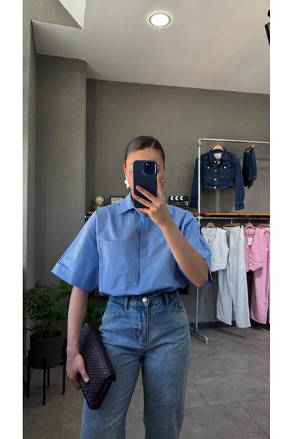 Oversize Cep Detaylı Poplin Kısa Kol Kadın Gömlek