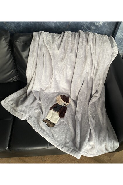 Teddy Embroidered Gray Welsoft Tv Blanket 140X180Cm