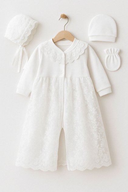 Newborn Baby Girl 4-Piece Mevlid Set with English Hat, Tulle Skirt Newborn Romper Hospital Discharge Outfit