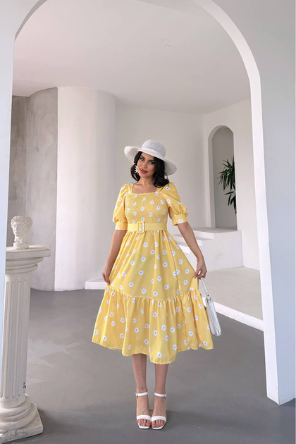 Women's Belted Square Neck Floral Midi Length Dress Nbks4104