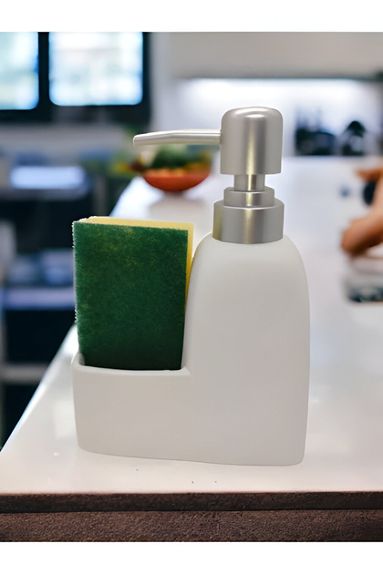 Stoneware Beyaz-siyah-gri, Süngerli Mutfak Sıvı Sabunluk, Bulaşık Deterjanlık, Gümüş Kapaklı 300ml