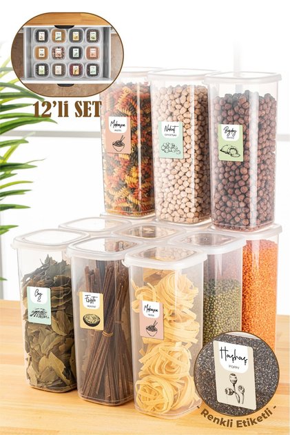12 Pieces 1.75 Liter Peggy Square Food Storage Container with Colorful Labels White