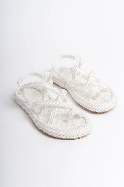 Maia Bless White Rope Drawstring Straw Sandals