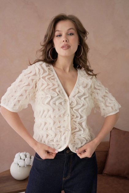 Ruffle Detail Buttoned Full Tulle Blouse