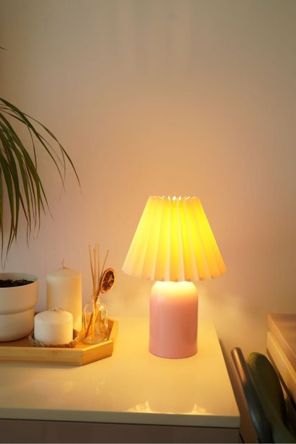 Pembe Sıvama Ayaklı Komidin Üstü Şık Dekoratif Umbrella Şapkalı Masa Lambası Abajur