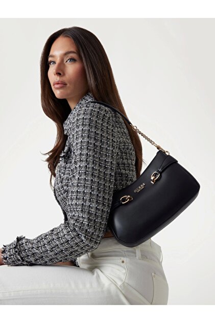 Guess LORELEI TOP ZIP SHOULDER BAG Kadın Siyah Omuz Çantası