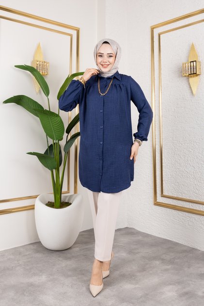 Gathered Front Ankle Elastic Tunic - Navy Blue / Ü104