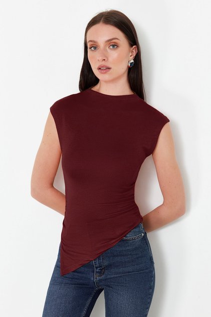 Burgundy Stand Collar Shirring/Draping Detail Fitted/Fitted Asymmetrical Knitted Blouse Twoss24Bz00534