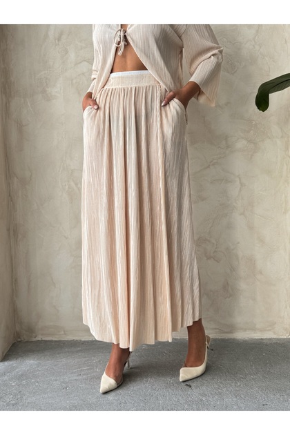 Women's Double Elastic Waist Pleated Midi Length Skirt