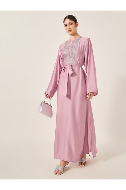 Satin Lace Insert Notch Neck Jalabyia